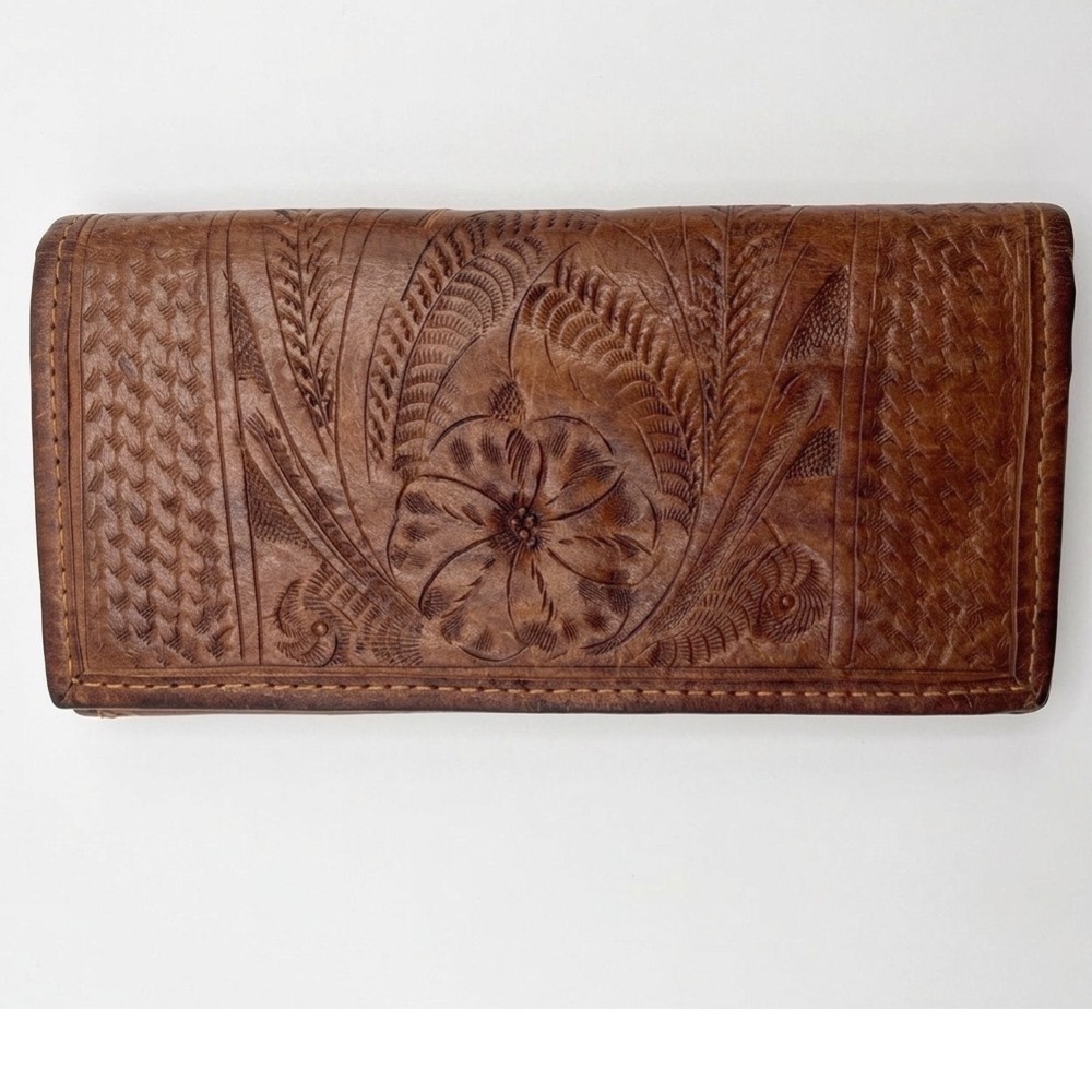 Vtg Hand Tooled Leather Floral Western Checkbook Wallet Snap Clutch Southwestern